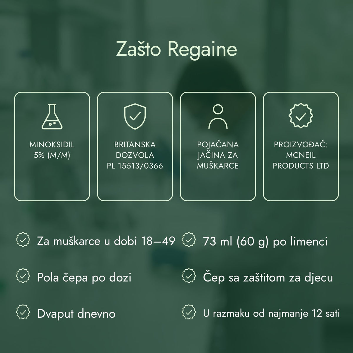 Zašto Regaine: Minoksidil 5% (m/m), Britanska dozvola PL 15513/0366, Pojačana jačina za muškarce, Proizvođač: McNeil Products Ltd