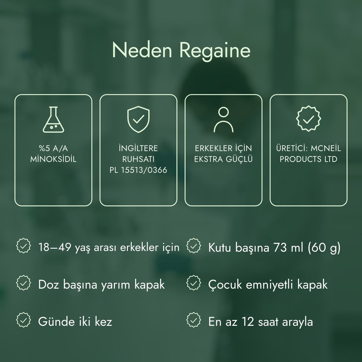 Neden Regaine: %5 a/a minoksidil, İngiltere ruhsatı PL 15513/0366, Erkekler için ekstra güçlü, Üretici: McNeil Products Ltd