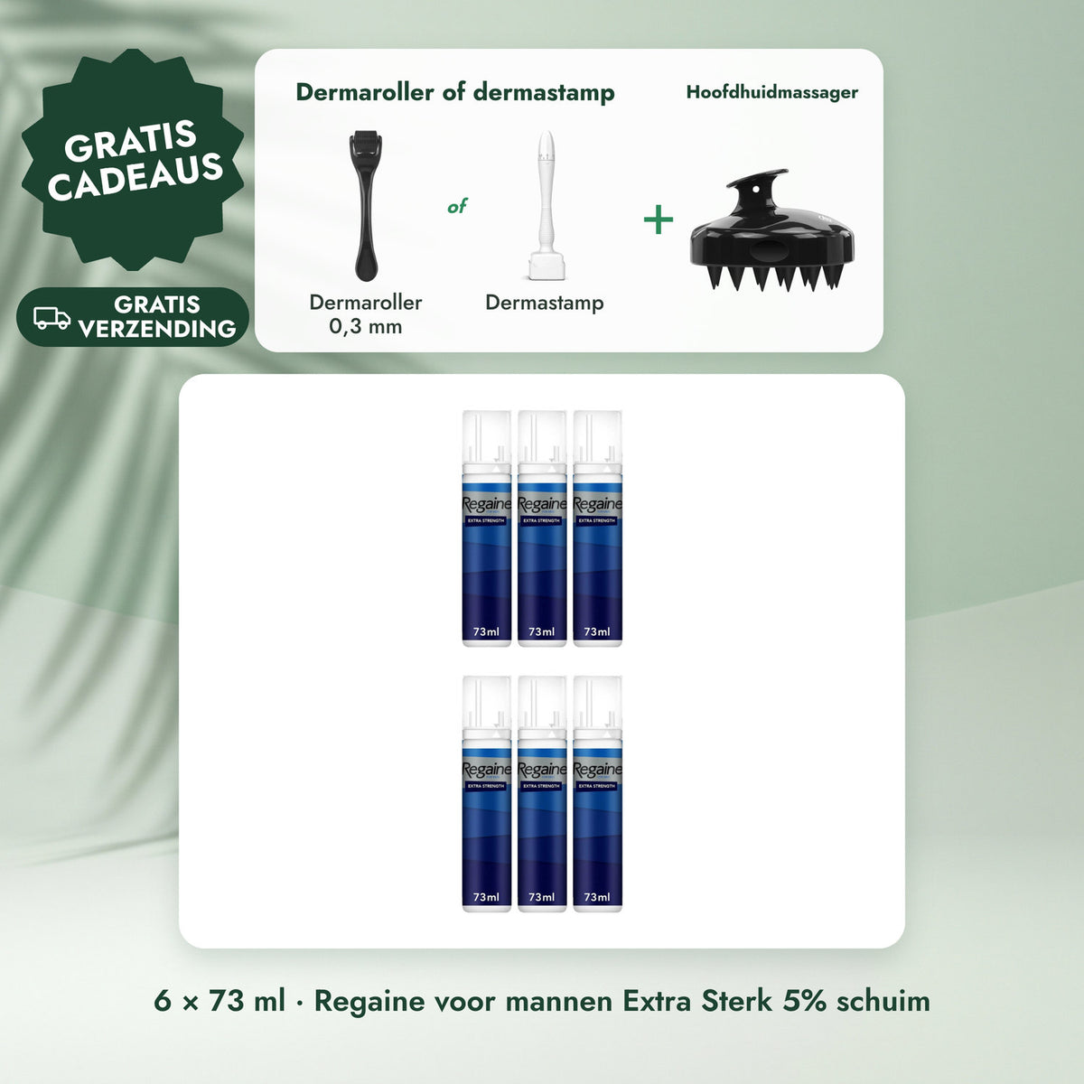 6 × 73 ml · Regaine voor mannen Extra Sterk 5% schuim: Dermaroller of dermastamp, Hoofdhuidmassager