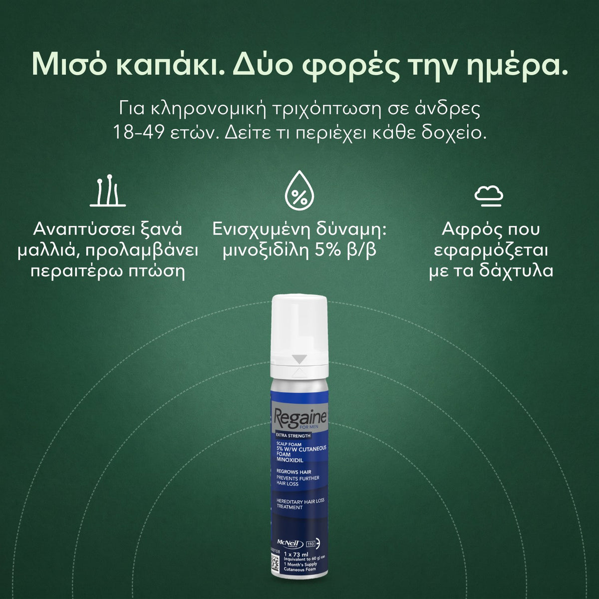 Regaine Extra Strength 5% αφρός για άνδρες: Μισό καπάκι. Δύο φορές την ημέρα. Αναπτύσσει ξανά μαλλιά, προλαμβάνει περαιτέρω πτώση, Ενισχυμένη δύναμη: μινοξιδίλη 5% β/β, Αφρός που εφαρμόζεται με τα δάχτυλα