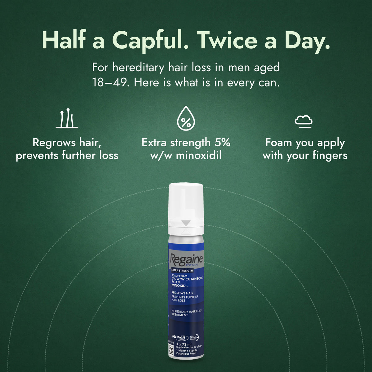 Regaine for Men Extra Strength 5% Scalp Foam: Half a Capful. Twice a Day. Regrows hair, prevents further loss, Extra strength 5% w/w minoxidil, Foam you apply with your fingers