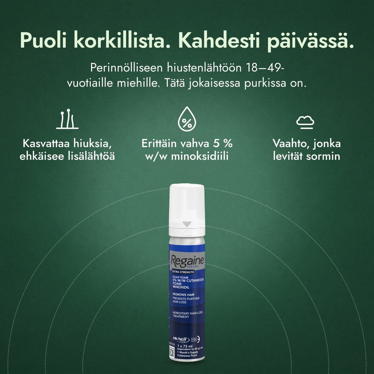 Regaine miehille Extra Strength 5 % vaahto hiuspohjalle: Puoli korkillista. Kahdesti päivässä. Kasvattaa hiuksia, ehkäisee lisälähtöä, Erittäin vahva 5 % w/w minoksidiili, Vaahto, jonka levität sormin