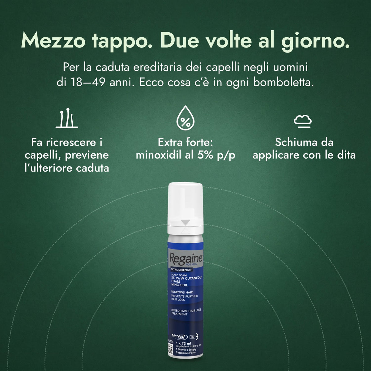 Regaine Uomo Extra Forte 5% Schiuma Cutanea: Mezzo tappo. Due volte al giorno. Fa ricrescere i capelli, previene l’ulteriore caduta, Extra forte: minoxidil al 5% p/p, Schiuma da applicare con le dita