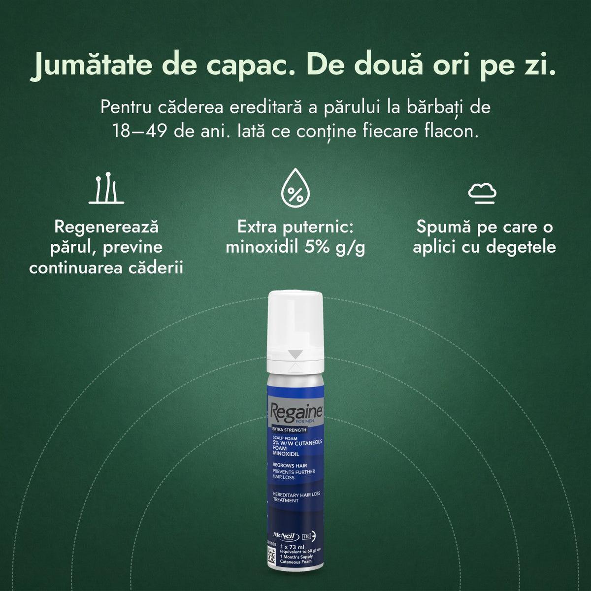 Regaine for Men Extra Strength 5% spumă: Jumătate de capac. De două ori pe zi. Regenerează părul, previne continuarea căderii, Extra puternic: minoxidil 5% g/g, Spumă pe care o aplici cu degetele