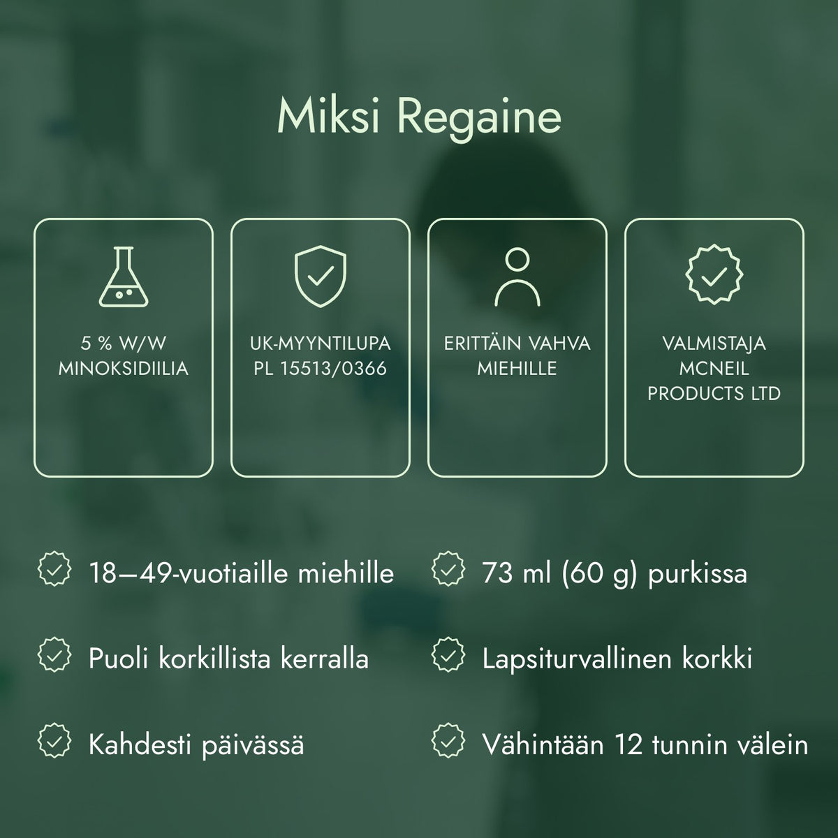 Miksi Regaine: 5 % w/w minoksidiilia, UK-myyntilupa PL 15513/0366, Erittäin vahva miehille, Valmistaja McNeil Products Ltd