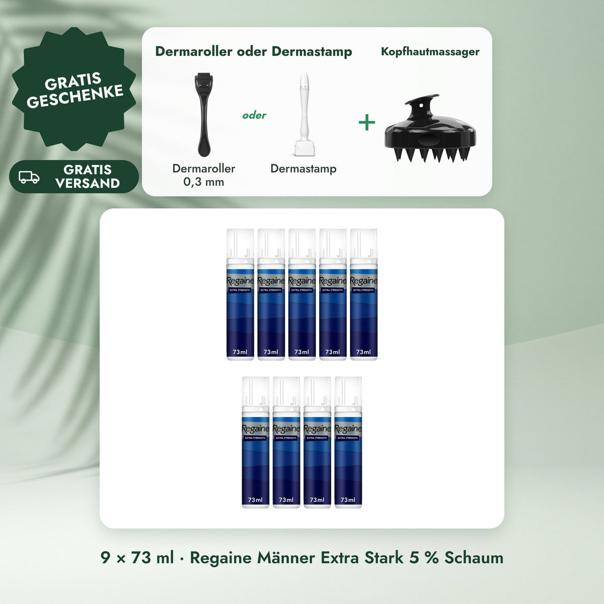 9 × 73 ml · Regaine Männer Extra Stark 5 % Schaum: Dermaroller oder Dermastamp, Kopfhautmassager