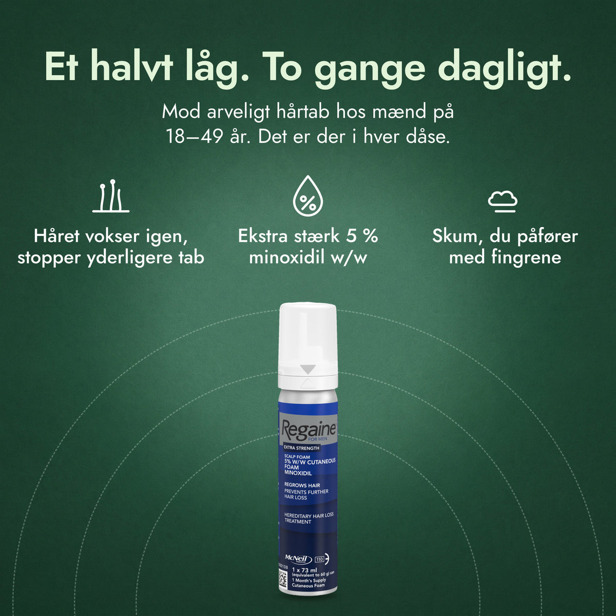 Regaine til mænd Ekstra Stærk 5 % kutanskum: Et halvt låg. To gange dagligt. Håret vokser igen, stopper yderligere tab, Ekstra stærk 5 % minoxidil w/w, Skum, du påfører med fingrene
