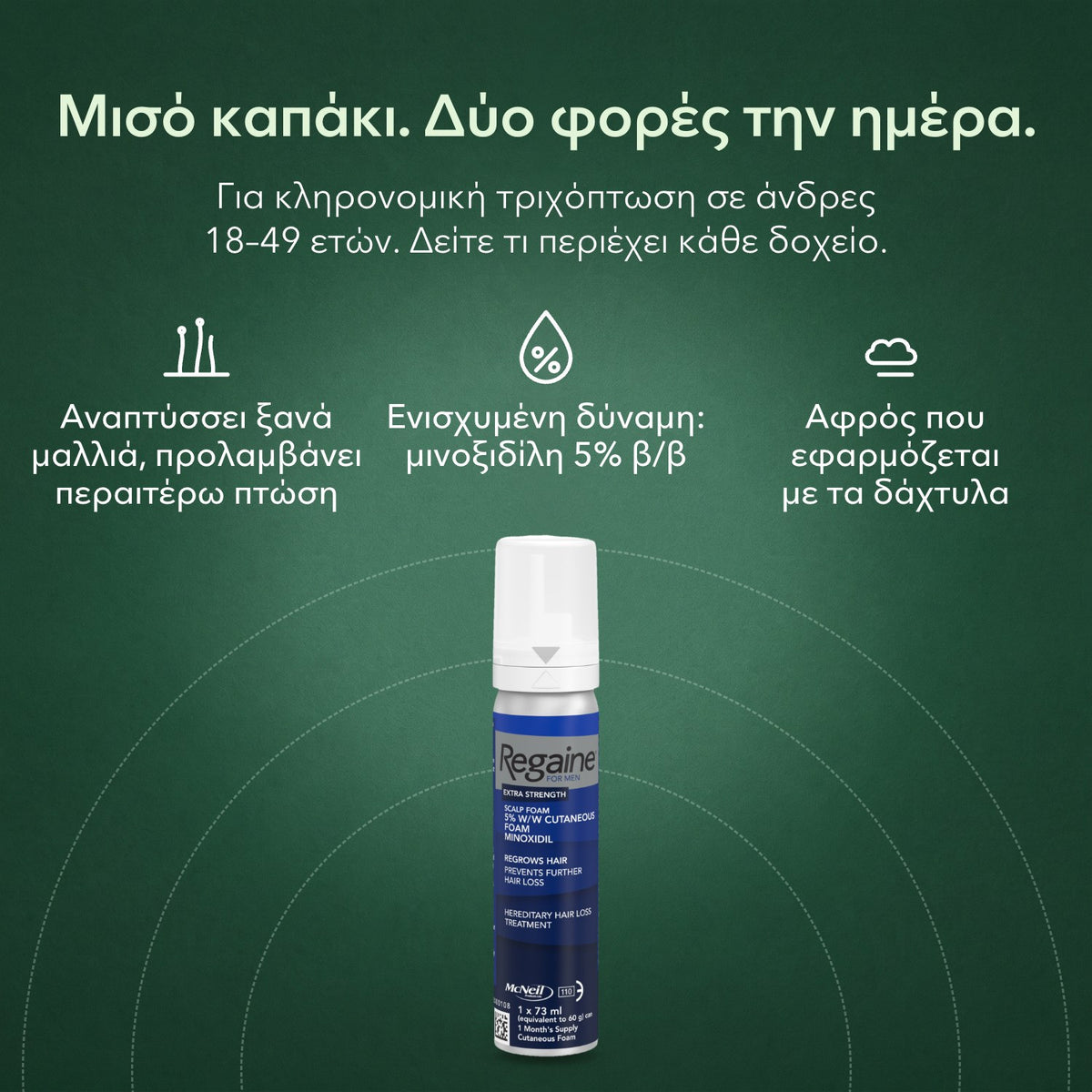 Regaine Extra Strength 5% αφρός για άνδρες: Μισό καπάκι. Δύο φορές την ημέρα. Αναπτύσσει ξανά μαλλιά, προλαμβάνει περαιτέρω πτώση, Ενισχυμένη δύναμη: μινοξιδίλη 5% β/β, Αφρός που εφαρμόζεται με τα δάχτυλα
