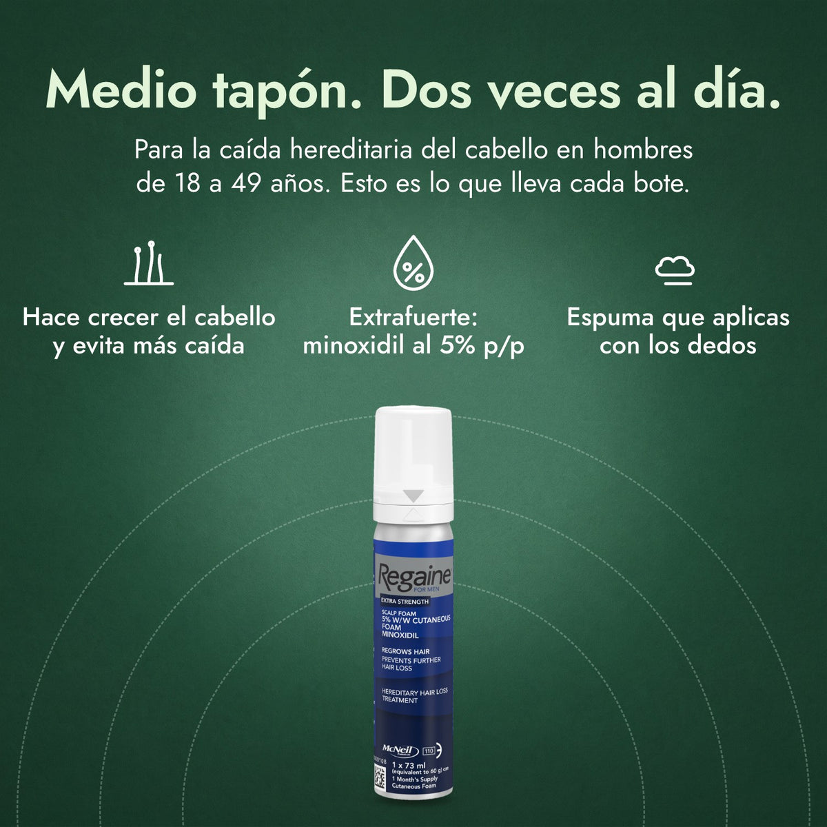 Regaine para Hombres Extra Fuerte 5% Espuma Cutánea: Medio tapón. Dos veces al día. Hace crecer el cabello y evita más caída, Extrafuerte: minoxidil al 5% p/p, Espuma que aplicas con los dedos