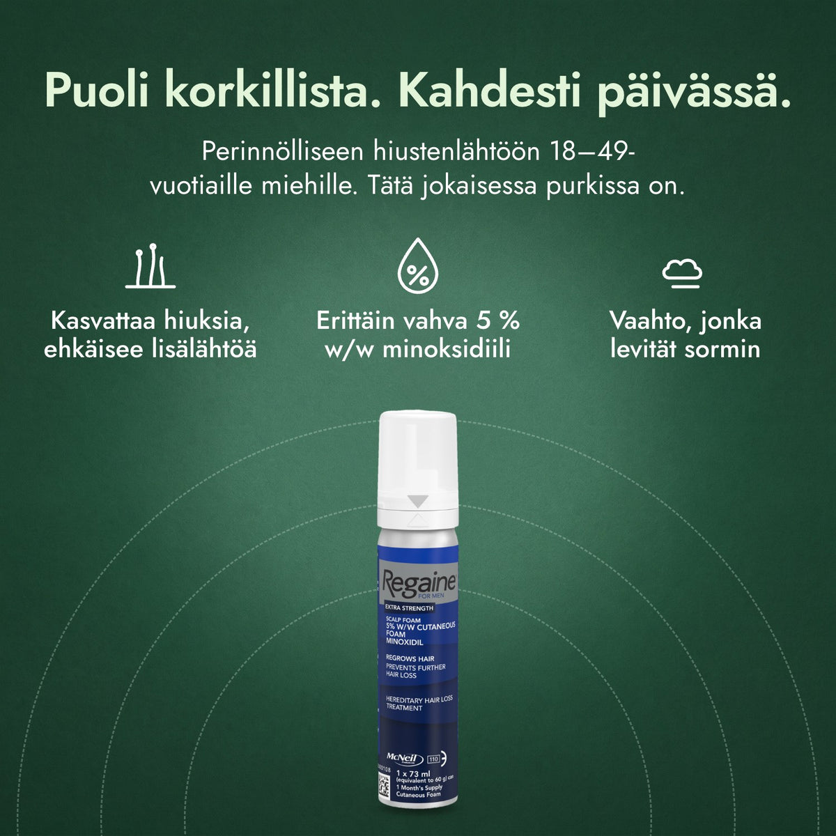 Regaine miehille Extra Strength 5 % vaahto hiuspohjalle: Puoli korkillista. Kahdesti päivässä. Kasvattaa hiuksia, ehkäisee lisälähtöä, Erittäin vahva 5 % w/w minoksidiili, Vaahto, jonka levität sormin