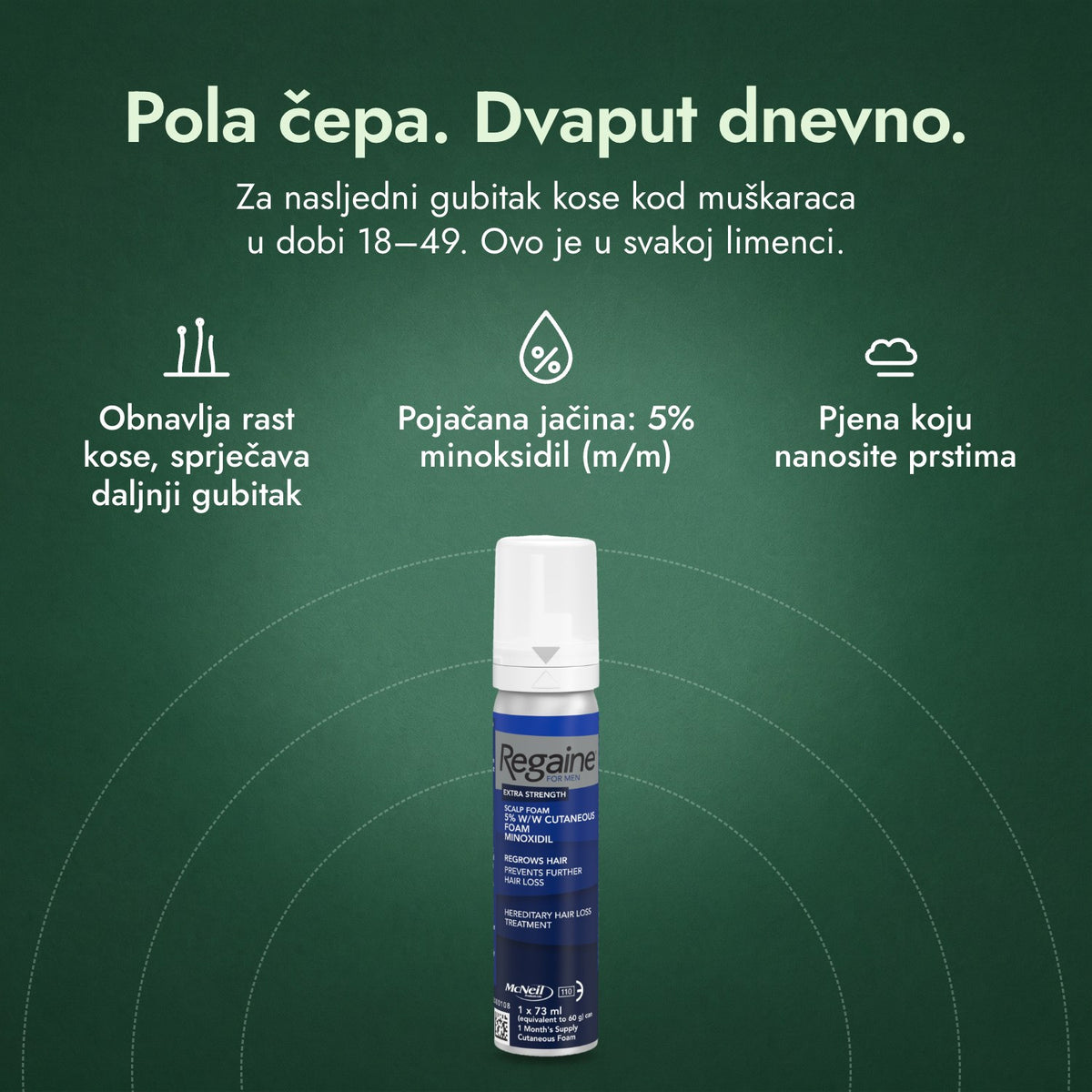 Regaine za muškarce Extra Strength 5% pjena za vlasište: Pola čepa. Dvaput dnevno. Obnavlja rast kose, sprječava daljnji gubitak, Pojačana jačina: 5% minoksidil (m/m), Pjena koju nanosite prstima