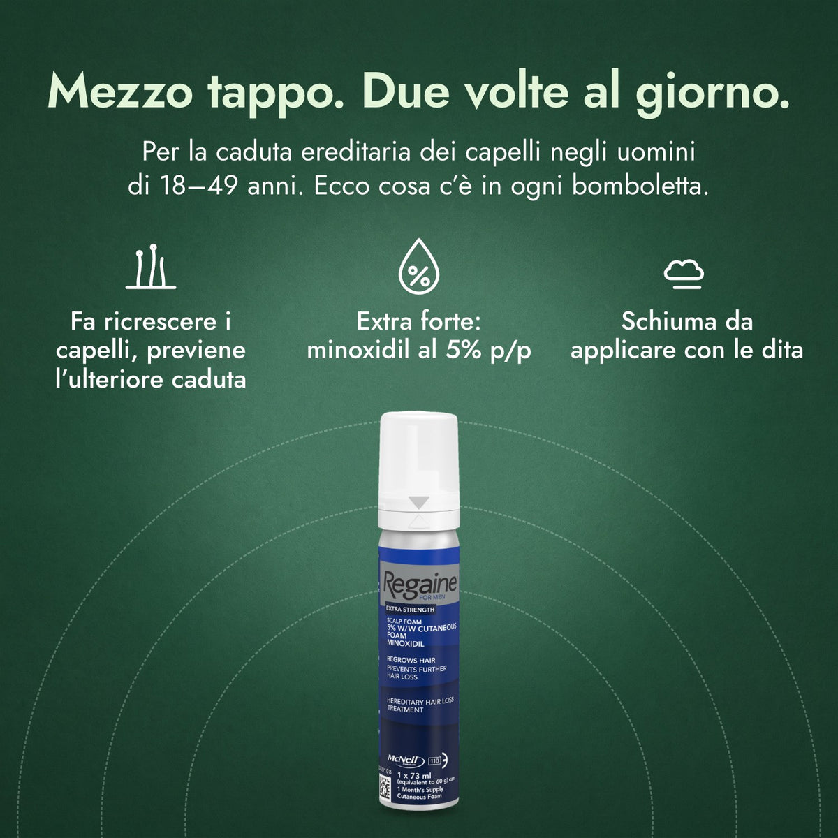 Regaine Uomo Extra Forte 5% Schiuma Cutanea: Mezzo tappo. Due volte al giorno. Fa ricrescere i capelli, previene l’ulteriore caduta, Extra forte: minoxidil al 5% p/p, Schiuma da applicare con le dita