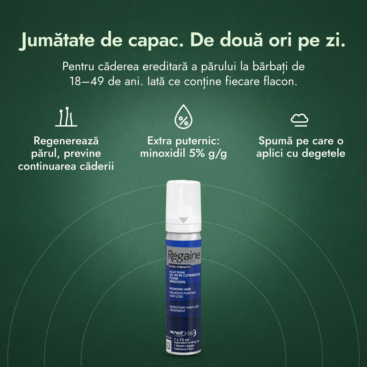 Regaine for Men Extra Strength 5% spumă: Jumătate de capac. De două ori pe zi. Regenerează părul, previne continuarea căderii, Extra puternic: minoxidil 5% g/g, Spumă pe care o aplici cu degetele