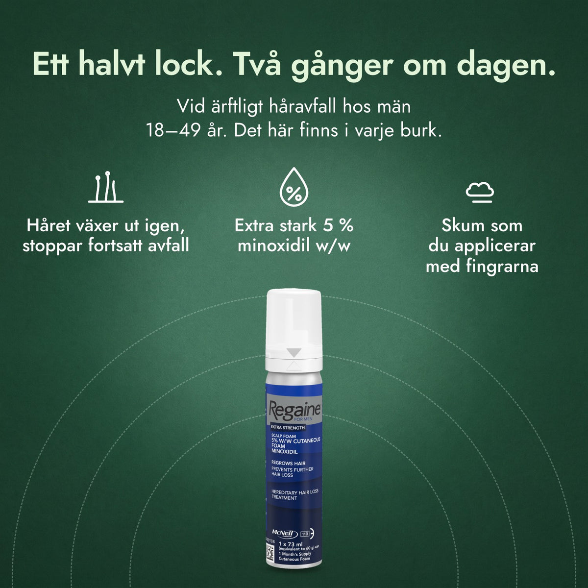 Regaine för män Extra Stark 5 % kutant skum: Ett halvt lock. Två gånger om dagen. Håret växer ut igen, stoppar fortsatt avfall, Extra stark 5 % minoxidil w/w, Skum som du applicerar med fingrarna