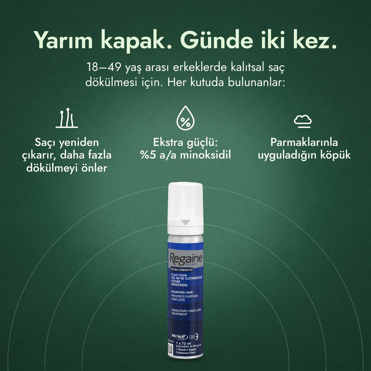 Regaine for Men Extra Strength %5 köpük: Yarım kapak. Günde iki kez. Saçı yeniden çıkarır, daha fazla dökülmeyi önler, Ekstra güçlü: %5 a/a minoksidil, Parmaklarınla uyguladığın köpük