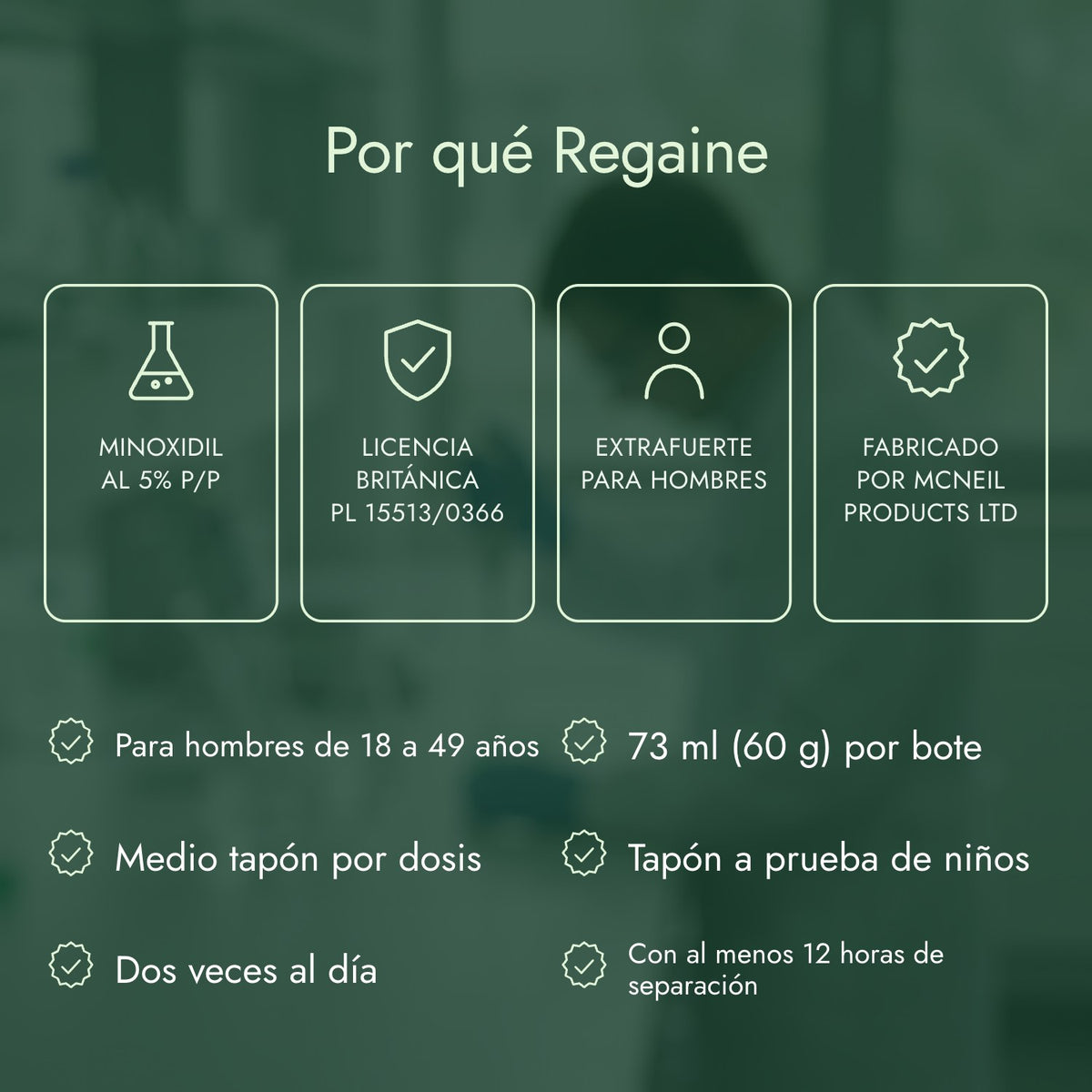 Por qué Regaine: Minoxidil al 5% p/p, Licencia británica PL 15513/0366, Extrafuerte para hombres, Fabricado por McNeil Products Ltd