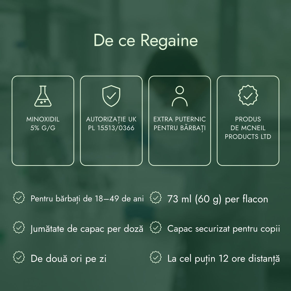 De ce Regaine: Minoxidil 5% g/g, Autorizație UK PL 15513/0366, Extra puternic pentru bărbați, Produs de McNeil Products Ltd