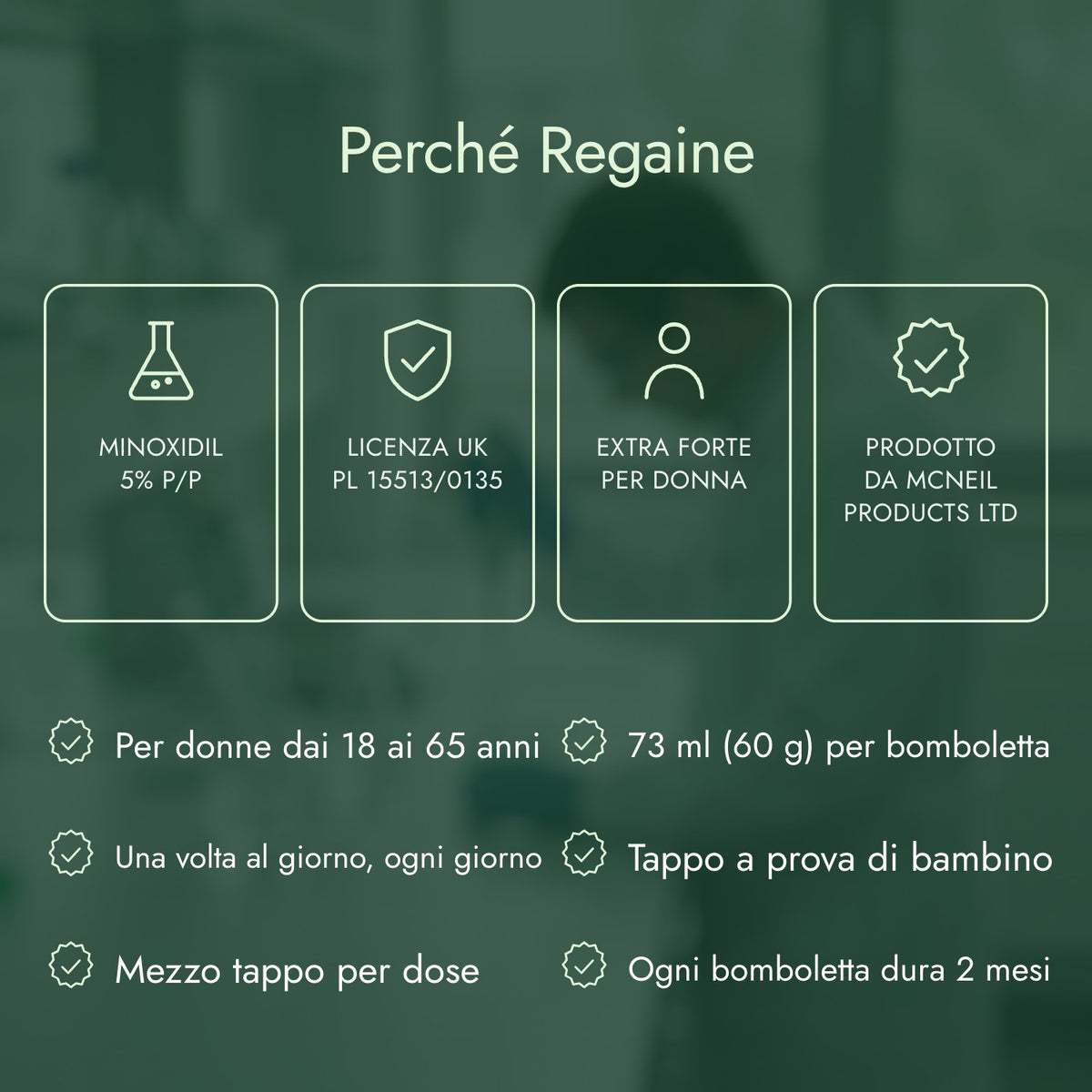 Perché Regaine: Minoxidil 5% p/p, Licenza UK PL 15513/0135, Extra forte per donna, Prodotto da McNeil Products Ltd