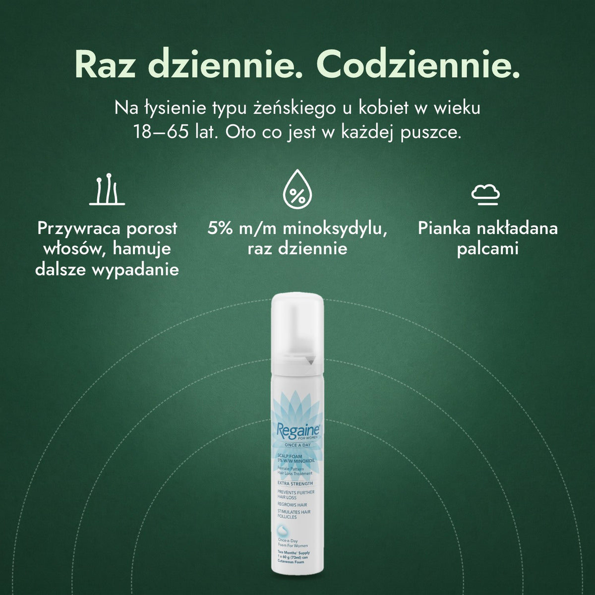 Regaine for Women Once a Day 5% pianka: Raz dziennie. Codziennie. Przywraca porost włosów, hamuje dalsze wypadanie, 5% m/m minoksydylu, raz dziennie, Pianka nakładana palcami