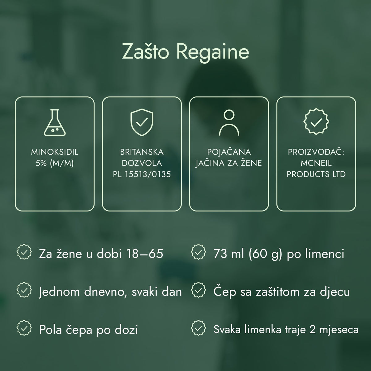 Zašto Regaine: Minoksidil 5% (m/m), Britanska dozvola PL 15513/0135, Pojačana jačina za žene, Proizvođač: McNeil Products Ltd