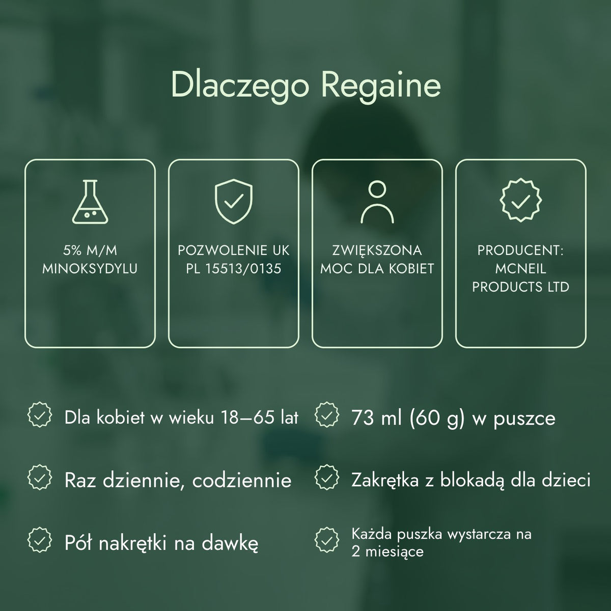 Dlaczego Regaine: 5% m/m minoksydylu, Pozwolenie UK PL 15513/0135, Zwiększona moc dla kobiet, Producent: McNeil Products Ltd