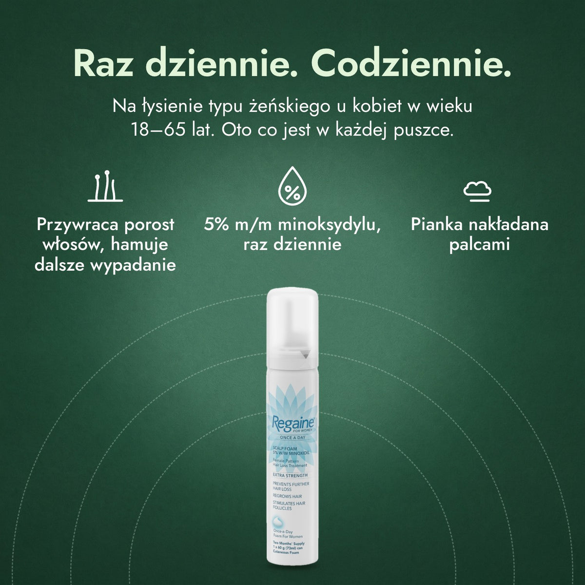 Regaine for Women Once a Day 5% pianka: Raz dziennie. Codziennie. Przywraca porost włosów, hamuje dalsze wypadanie, 5% m/m minoksydylu, raz dziennie, Pianka nakładana palcami