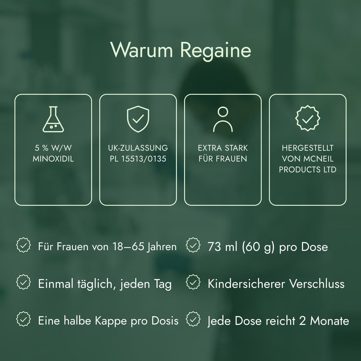Warum Regaine: 5 % w/w Minoxidil, UK-Zulassung PL 15513/0135, Extra stark für Frauen, Hergestellt von McNeil Products Ltd