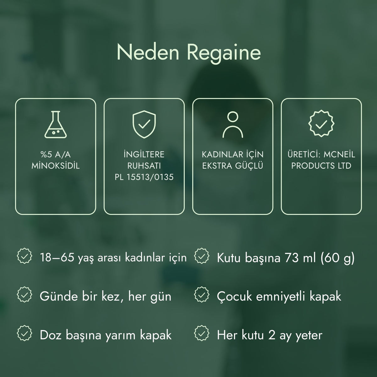 Neden Regaine: %5 a/a minoksidil, İngiltere ruhsatı PL 15513/0135, Kadınlar için ekstra güçlü, Üretici: McNeil Products Ltd