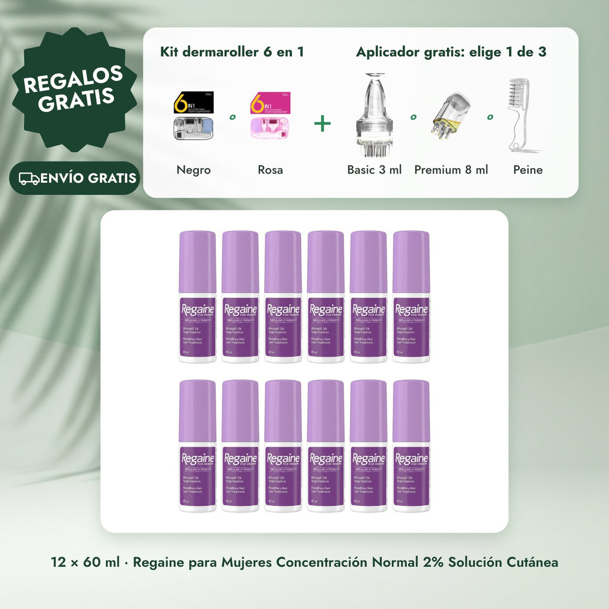 12 × 60 ml · Regaine para Mujeres Concentración Normal 2% Solución Cutánea: Kit dermaroller 6 en 1, Aplicador gratis: elige 1 de 3