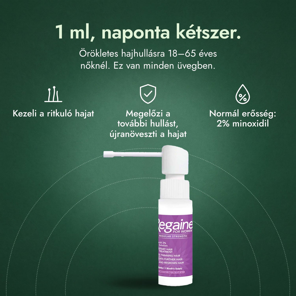 Regaine nőknek Regular Strength 2% külsőleges oldat: 1 ml, naponta kétszer. Kezeli a ritkuló hajat, Megelőzi a további hullást, újranöveszti a hajat, Normál erősség: 2% minoxidil