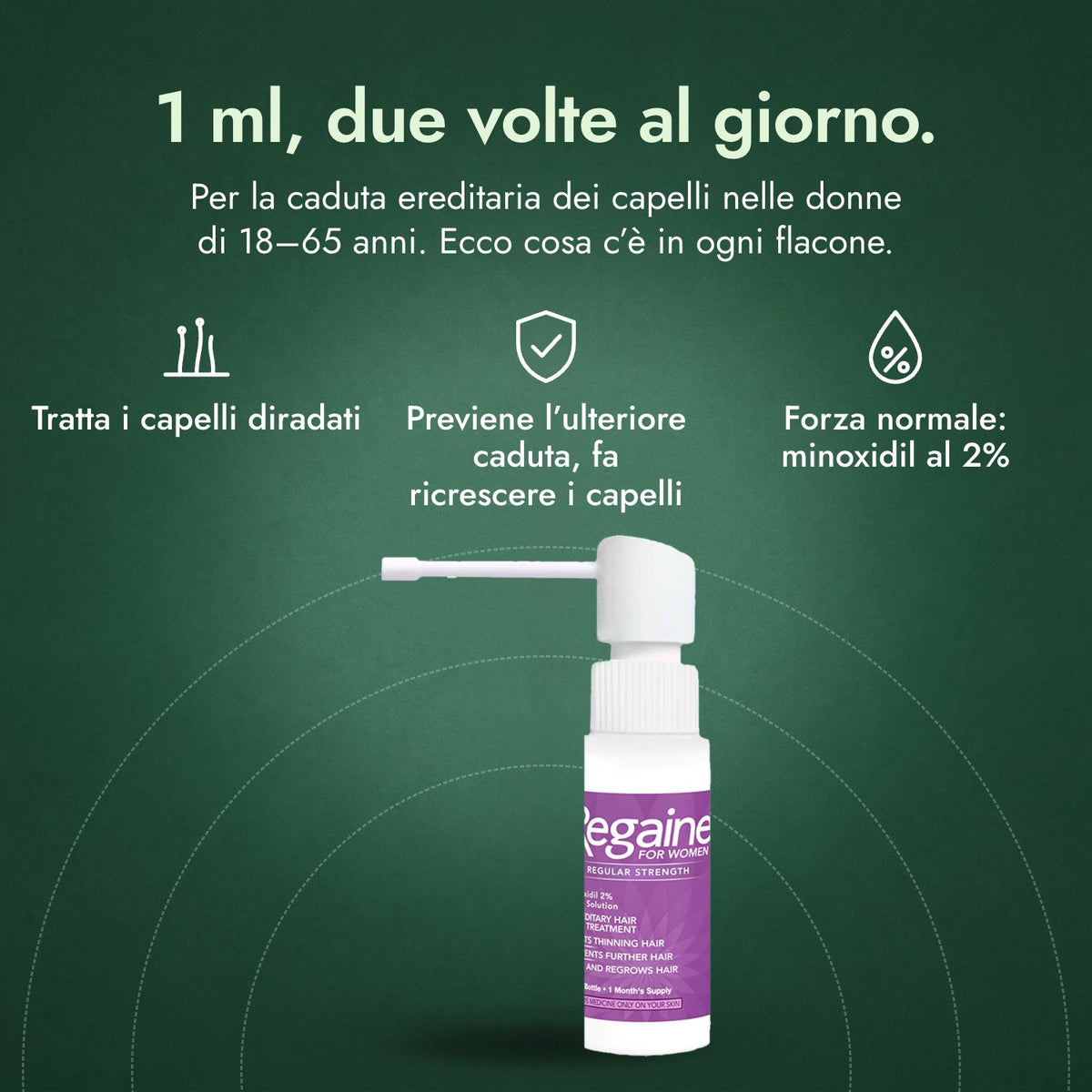 Regaine Donna Forza Normale 2% Soluzione Cutanea: 1 ml, due volte al giorno. Tratta i capelli diradati, Previene l’ulteriore caduta, fa ricrescere i capelli, Forza normale: minoxidil al 2%