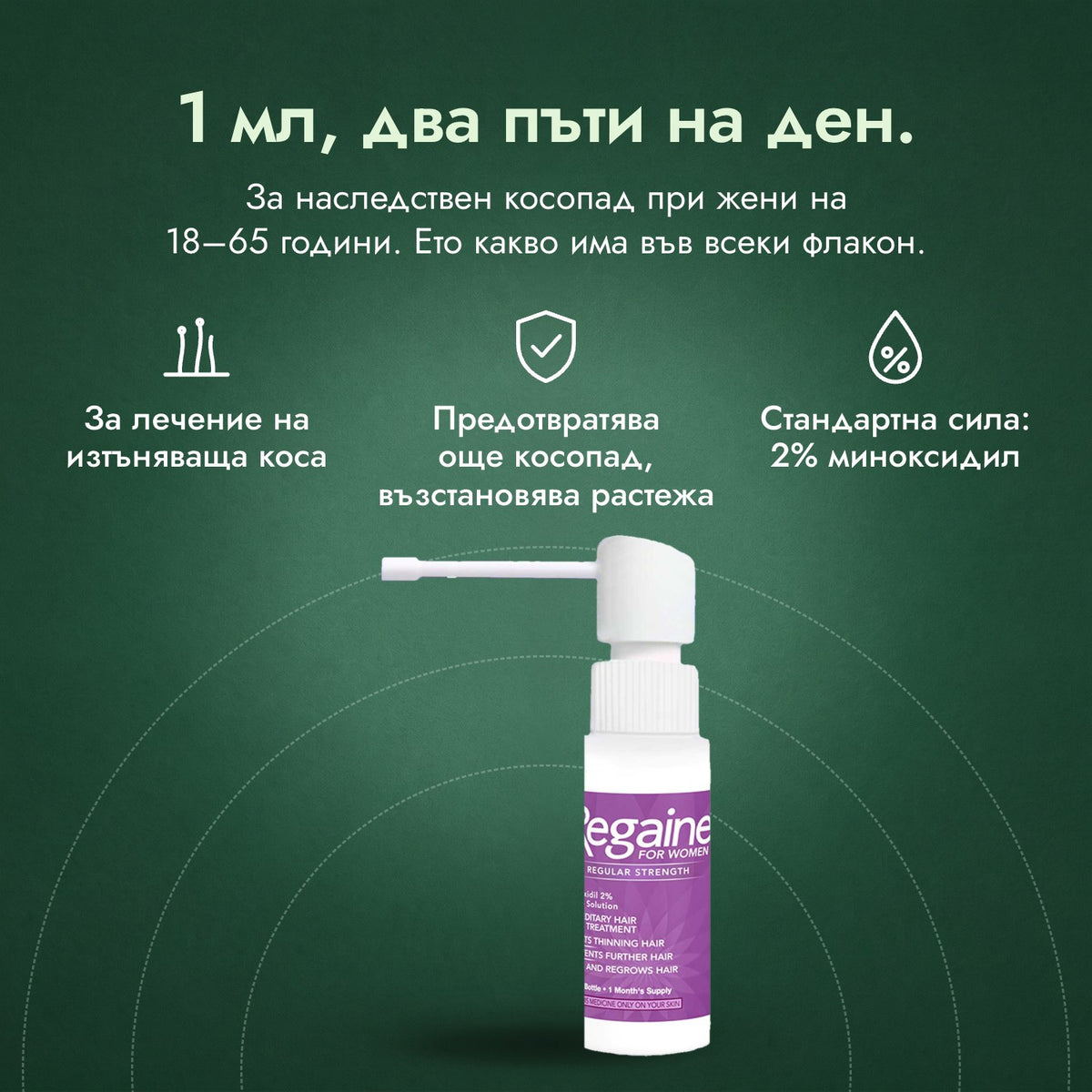 Regaine за жени Regular Strength 2%, разтвор за скалп: 1 мл, два пъти на ден. За лечение на изтъняваща коса, Предотвратява още косопад, възстановява растежа, Стандартна сила: 2% миноксидил