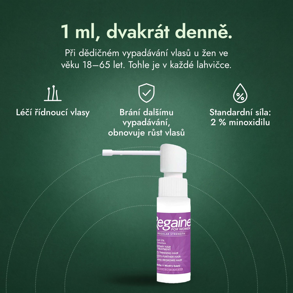 Regaine pro ženy Regular Strength 2 % roztok na pokožku hlavy: 1 ml, dvakrát denně. Léčí řídnoucí vlasy, Brání dalšímu vypadávání, obnovuje růst vlasů, Standardní síla: 2 % minoxidilu