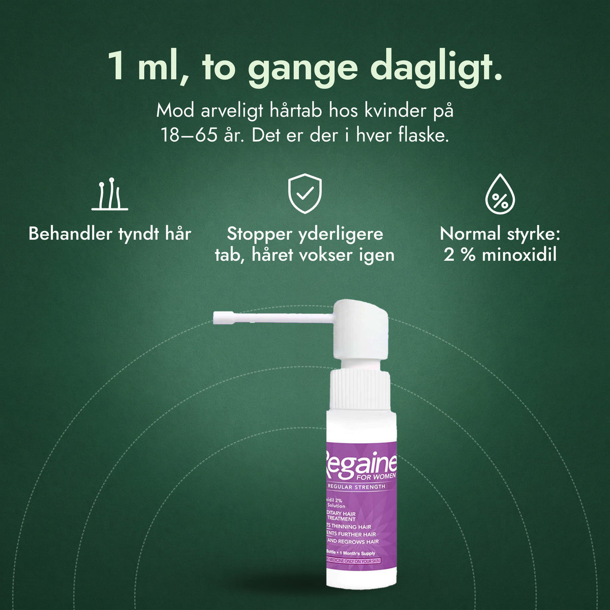 Regaine til kvinder Normal Styrke 2 % kutanopløsning: 1 ml, to gange dagligt. Behandler tyndt hår, Stopper yderligere tab, håret vokser igen, Normal styrke: 2 % minoxidil