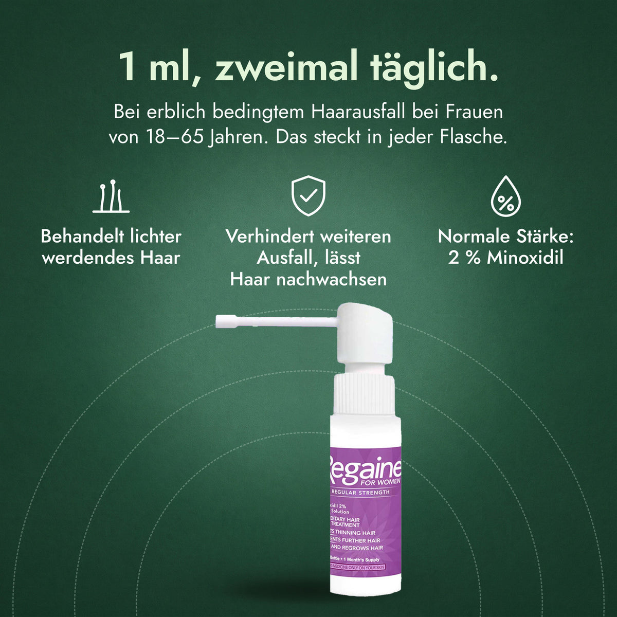 Regaine Frauen Normale Stärke 2 % Lösung: 1 ml, zweimal täglich. Behandelt lichter werdendes Haar, Verhindert weiteren Ausfall, lässt Haar nachwachsen, Normale Stärke: 2 % Minoxidil
