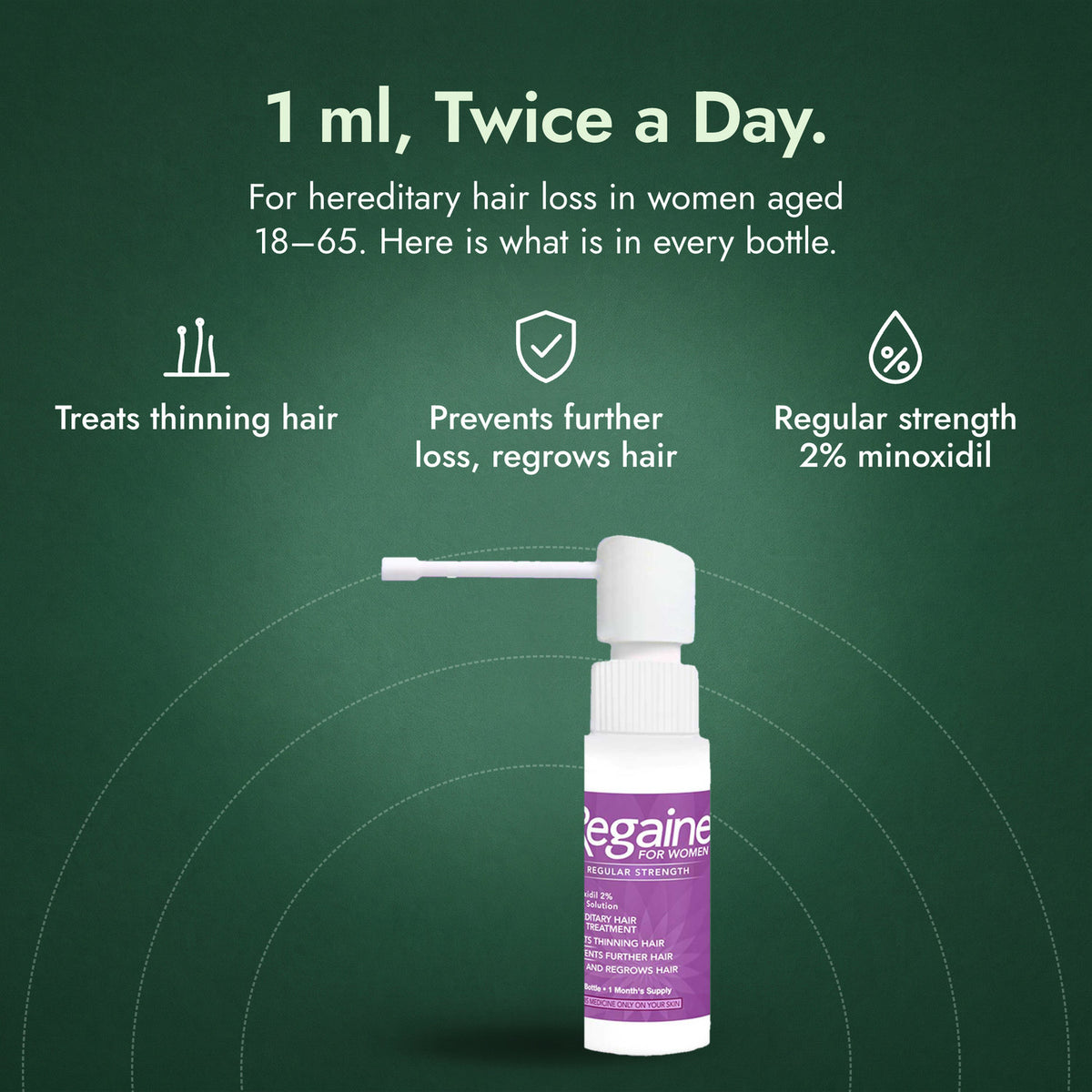 Regaine for Women Regular Strength 2% Scalp Solution: 1 ml, Twice a Day. Treats thinning hair, Prevents further loss, regrows hair, Regular strength 2% minoxidil