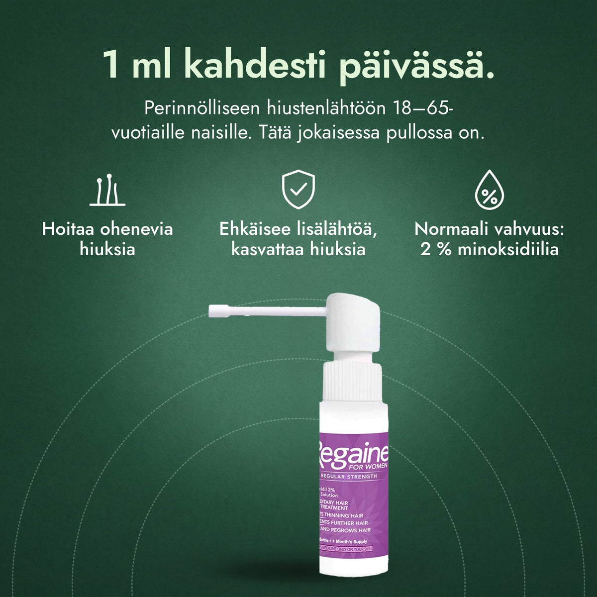 Regaine naisille Regular Strength 2 % liuos hiuspohjalle: 1 ml kahdesti päivässä. Hoitaa ohenevia hiuksia, Ehkäisee lisälähtöä, kasvattaa hiuksia, Normaali vahvuus: 2 % minoksidiilia
