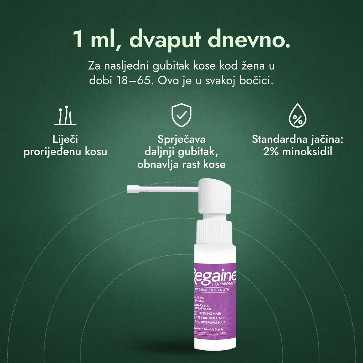 Regaine za žene Regular Strength 2% otopina za vlasište: 1 ml, dvaput dnevno. Liječi prorijeđenu kosu, Sprječava daljnji gubitak, obnavlja rast kose, Standardna jačina: 2% minoksidil