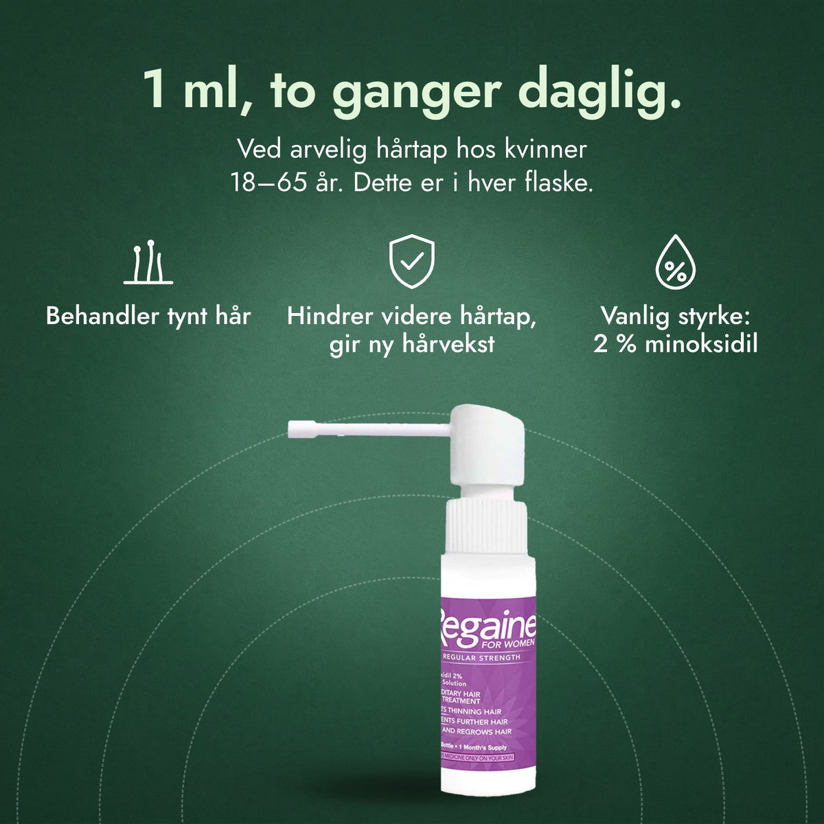 Regaine for kvinner Regular Strength 2 % oppløsning til hodebunnen: 1 ml, to ganger daglig. Behandler tynt hår, Hindrer videre hårtap, gir ny hårvekst, Vanlig styrke: 2 % minoksidil