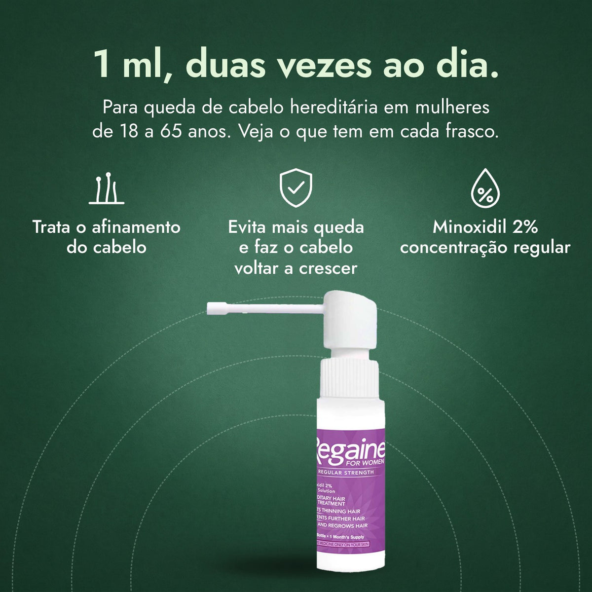 Regaine para Mulheres Concentração Regular 2% Solução Capilar: 1 ml, duas vezes ao dia. Trata o afinamento do cabelo, Evita mais queda e faz o cabelo voltar a crescer, Minoxidil 2% concentração regular