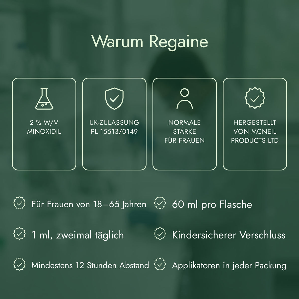 Warum Regaine: 2 % w/v Minoxidil, UK-Zulassung PL 15513/0149, Normale Stärke für Frauen, Hergestellt von McNeil Products Ltd