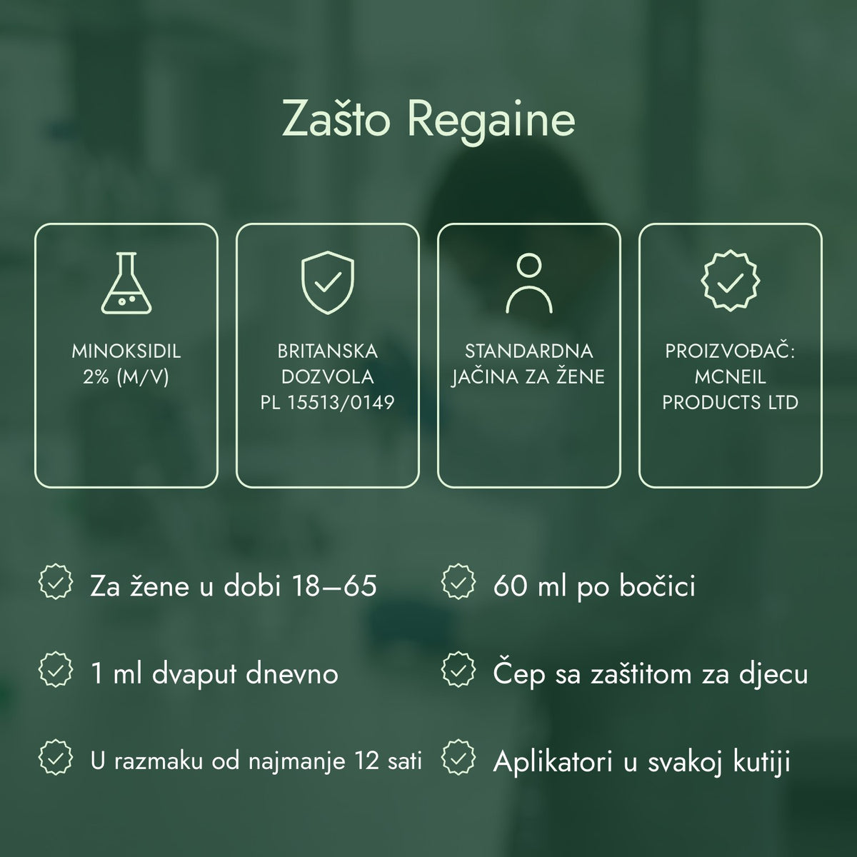 Zašto Regaine: Minoksidil 2% (m/v), Britanska dozvola PL 15513/0149, Standardna jačina za žene, Proizvođač: McNeil Products Ltd