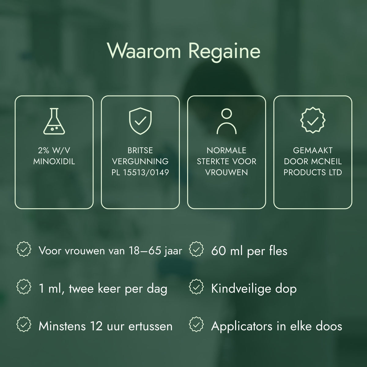 Waarom Regaine: 2% w/v minoxidil, Britse vergunning PL 15513/0149, Normale sterkte voor vrouwen, Gemaakt door McNeil Products Ltd