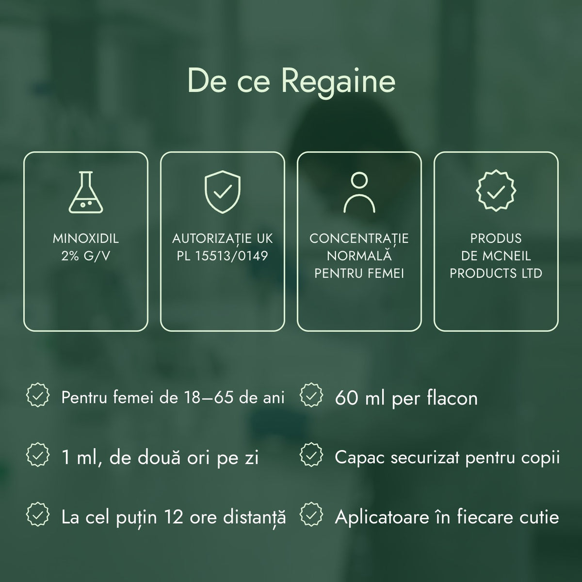 De ce Regaine: Minoxidil 2% g/v, Autorizație UK PL 15513/0149, Concentrație normală pentru femei, Produs de McNeil Products Ltd
