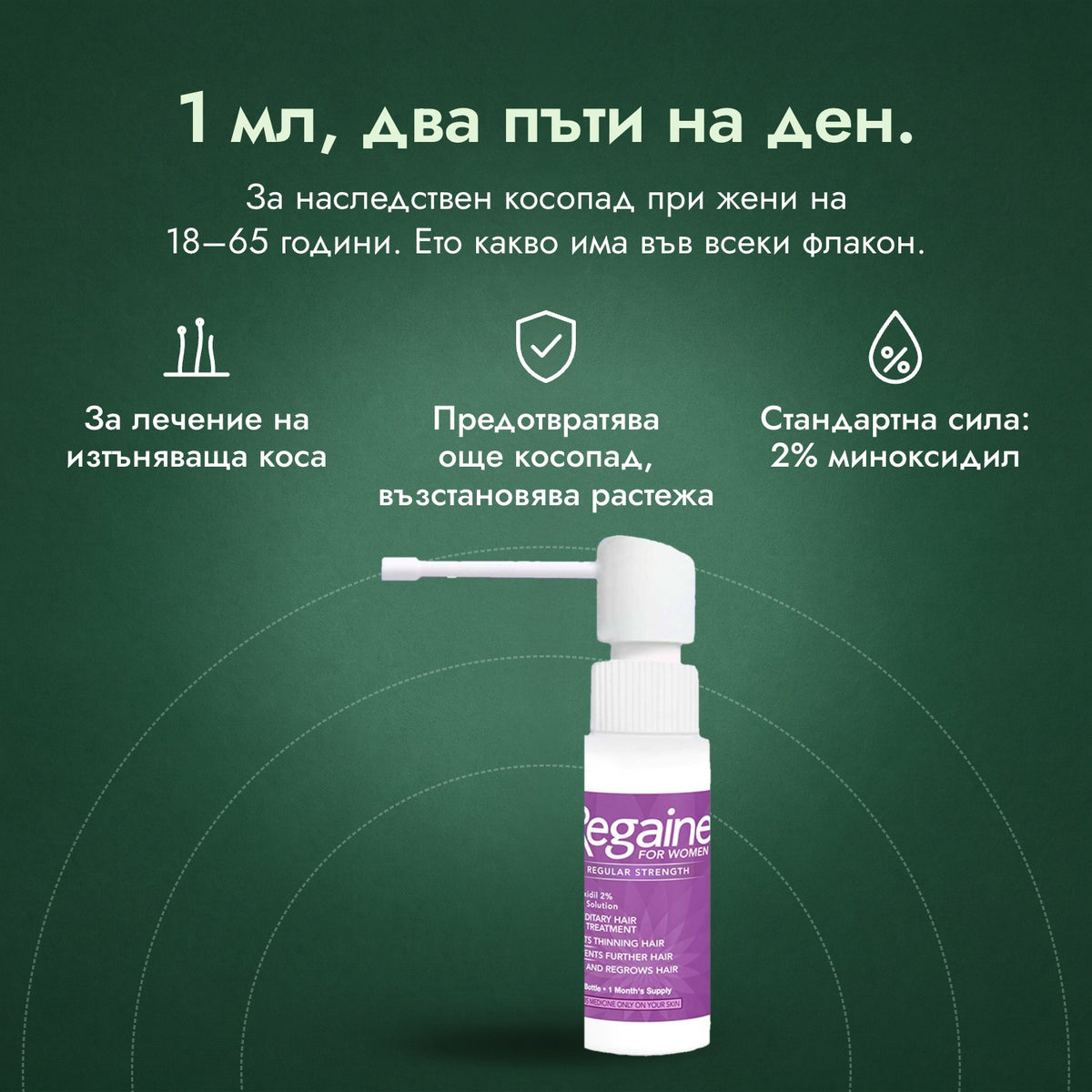 Regaine за жени Regular Strength 2%, разтвор за скалп: 1 мл, два пъти на ден. За лечение на изтъняваща коса, Предотвратява още косопад, възстановява растежа, Стандартна сила: 2% миноксидил
