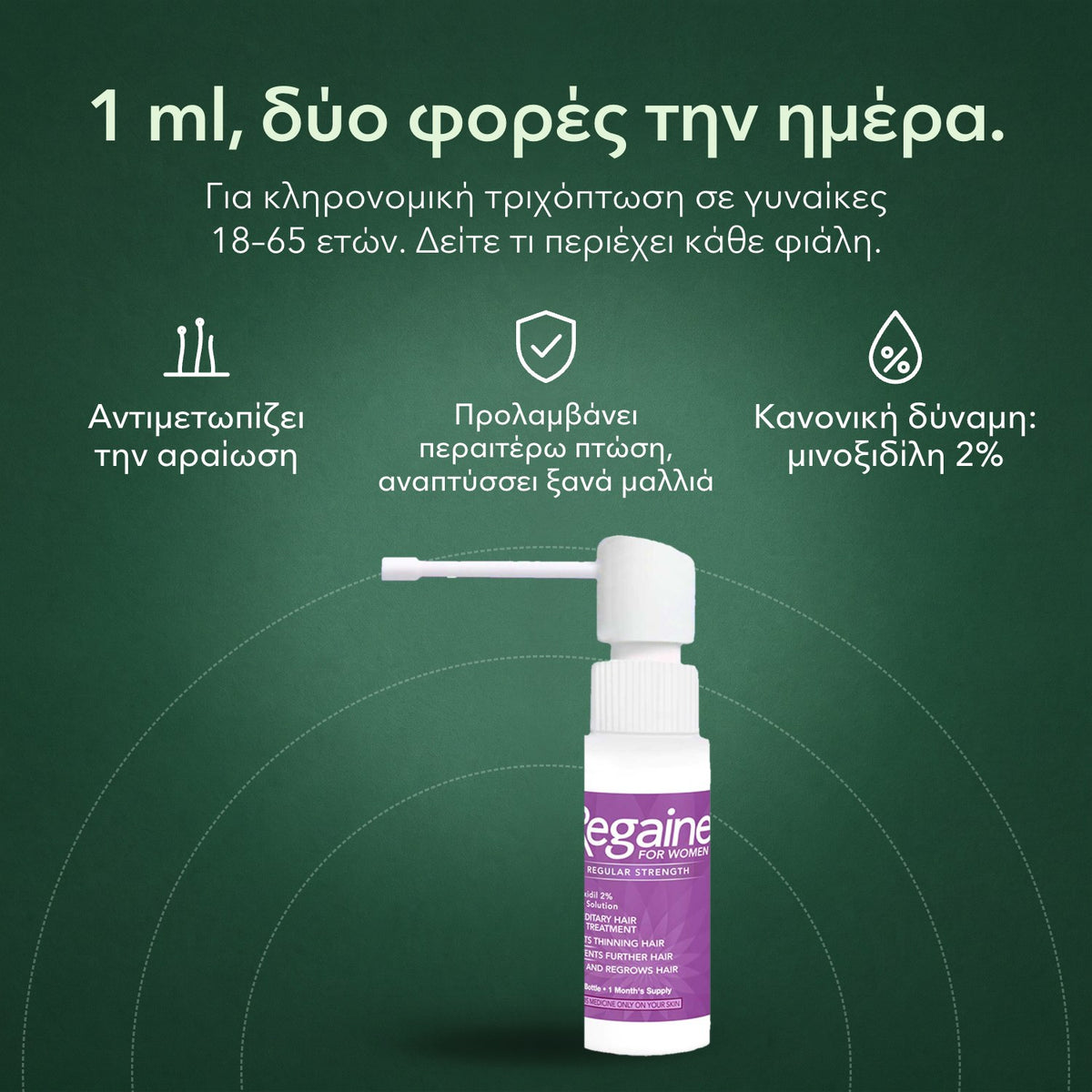 Regaine Regular Strength 2% διάλυμα για γυναίκες: 1 ml, δύο φορές την ημέρα. Αντιμετωπίζει την αραίωση, Προλαμβάνει περαιτέρω πτώση, αναπτύσσει ξανά μαλλιά, Κανονική δύναμη: μινοξιδίλη 2%