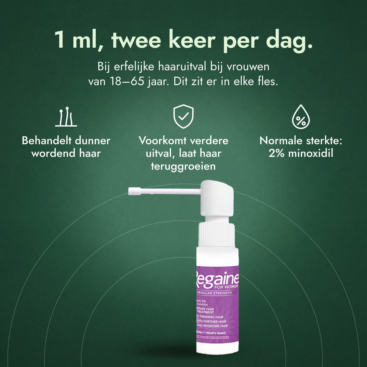 Regaine voor vrouwen Normale Sterkte 2% oplossing: 1 ml, twee keer per dag. Behandelt dunner wordend haar, Voorkomt verdere uitval, laat haar teruggroeien, Normale sterkte: 2% minoxidil