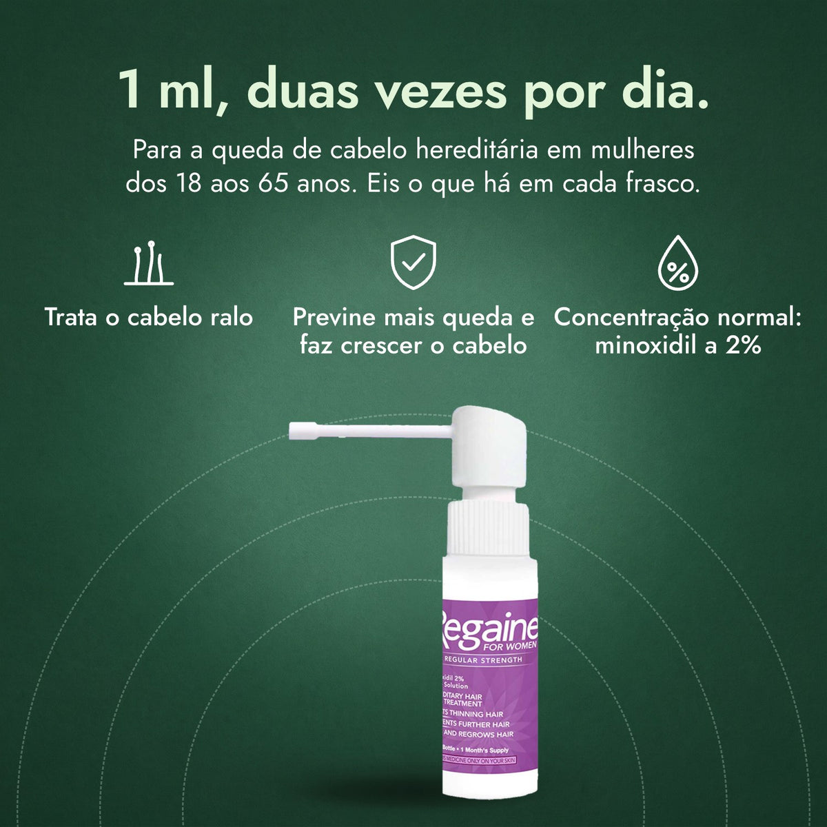 Regaine para Mulher Concentração Normal 2% Solução Cutânea: 1 ml, duas vezes por dia. Trata o cabelo ralo, Previne mais queda e faz crescer o cabelo, Concentração normal: minoxidil a 2%