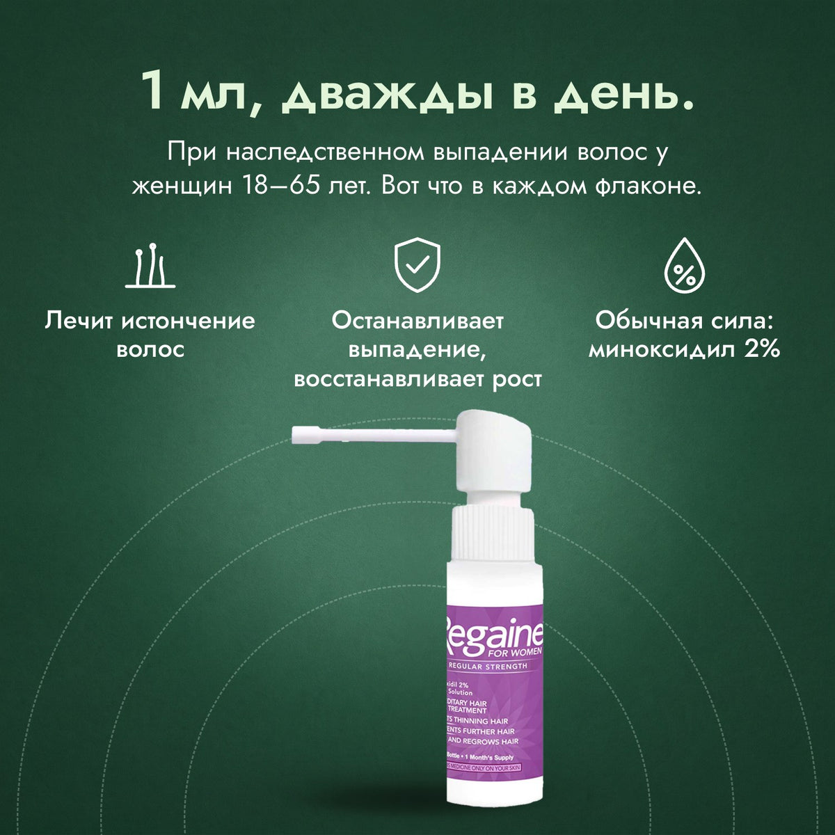 Regaine для женщин Regular Strength 2%, раствор для кожи головы: 1 мл, дважды в день. Лечит истончение волос, Останавливает выпадение, восстанавливает рост, Обычная сила: миноксидил 2%