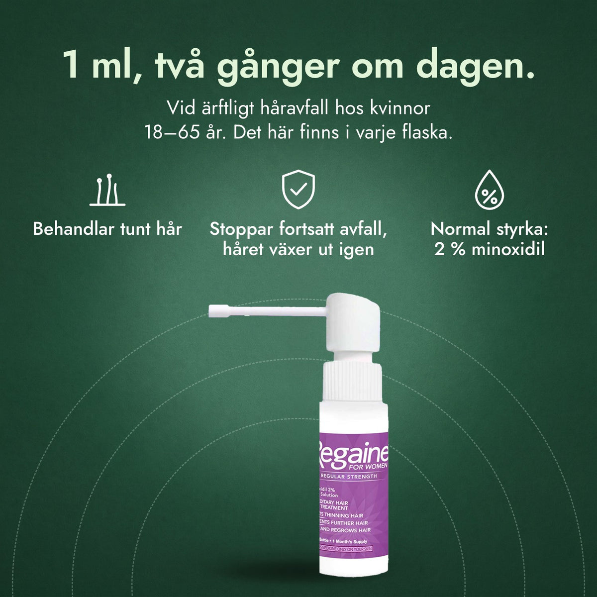 Regaine för kvinnor Normal Styrka 2 % kutan lösning: 1 ml, två gånger om dagen. Behandlar tunt hår, Stoppar fortsatt avfall, håret växer ut igen, Normal styrka: 2 % minoxidil